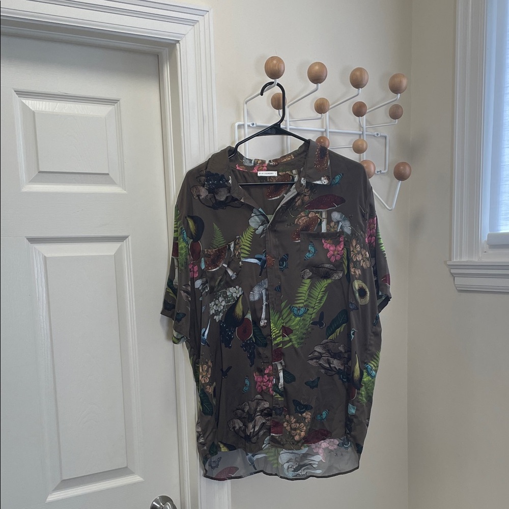 Silk Laundry - Classic Short Sleeve Button Down Silk Shirt - Brown / Green - L